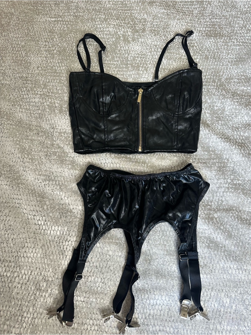 Black Faux Leather Bustier Crop Top and Garter Belt Set - Picture 2 of 2